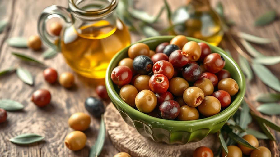 Assortment of olives and olive oil on rustic table, highlighting brain-protective hydroxytyrosol.