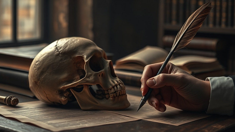 Moody still life with skull and quill, symbolizing mens personal growth.