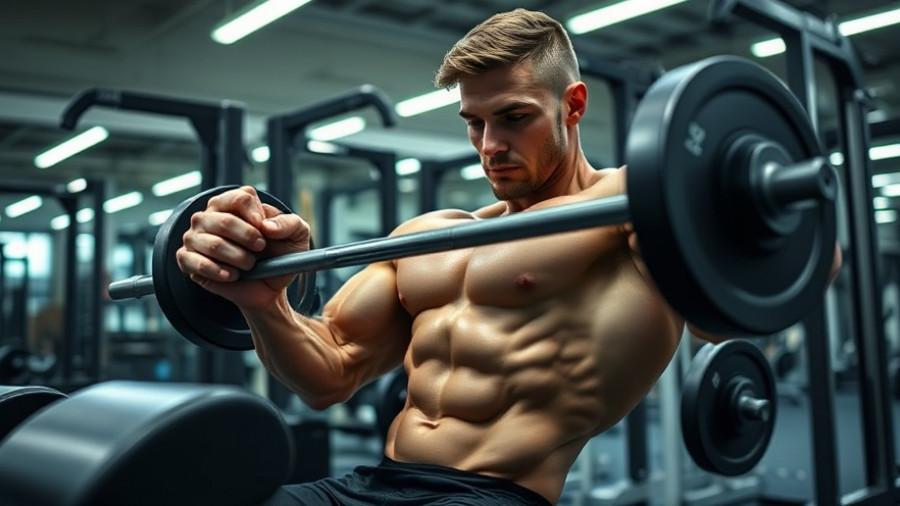 Close grip bench press technique demo in gym by muscular man.