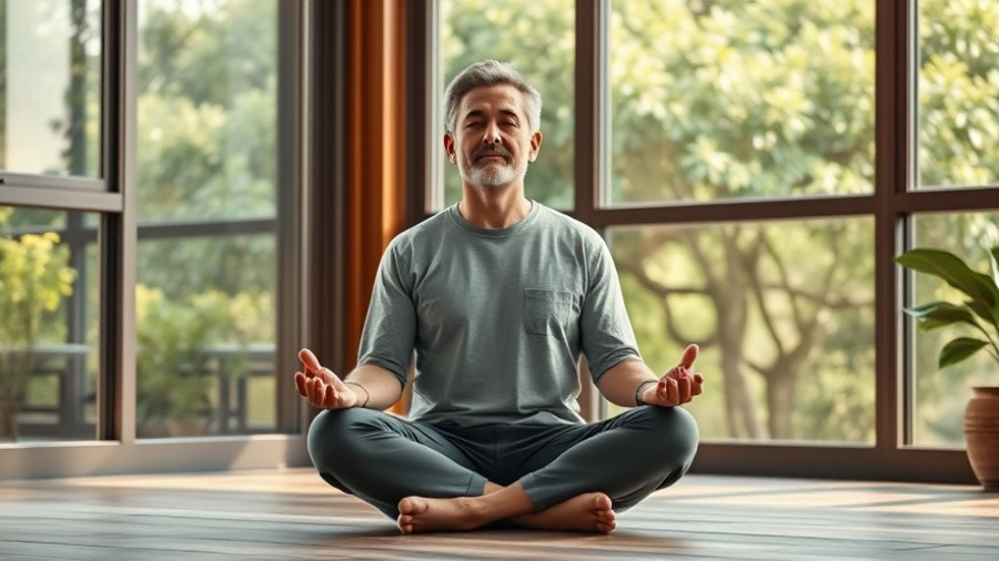 Middle-aged man meditating indoors for biohacking aging.