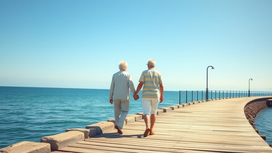 Elderly couple walking hand in hand on a seaside pier under a clear blue sky, illustrating life expectancy gains are slowing.