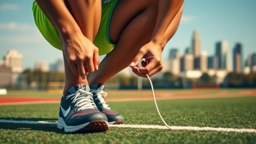 Athlete preparing for NYC Marathon tying shoes on a field.
