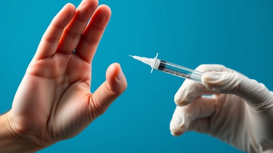 Hand gesturing stop to a syringe, illustrating vaccine medical exemptions.