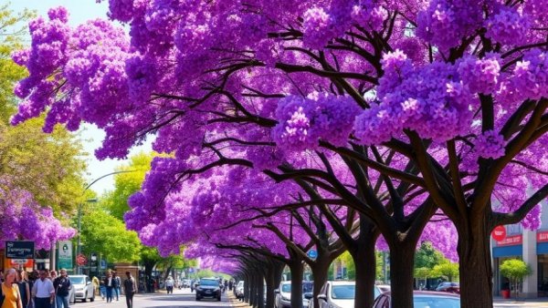 Jacaranda trees in full bloom in Johannesburg street.