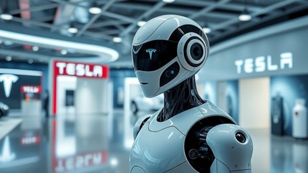 Tesla robot in showroom reflecting European sales context.