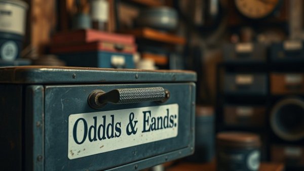 Vintage drawer labeled 'Odds & Ends' in warm, dim light setting.