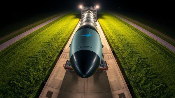 NASA Mars mission ESCAPADE rocket being transported at night, Blue Origin logo.