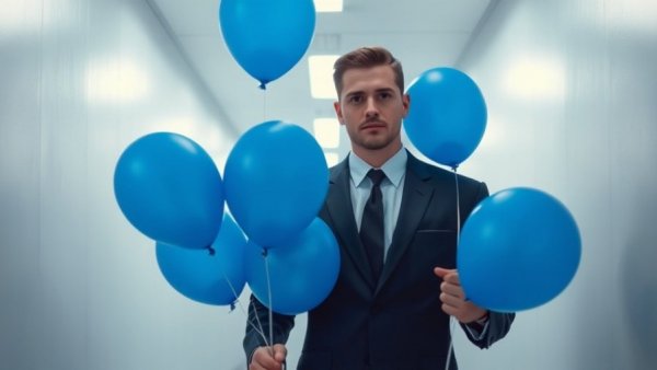 Corporate man with blue balloons in minimal corridor representing Apple TV ad-free strategy.