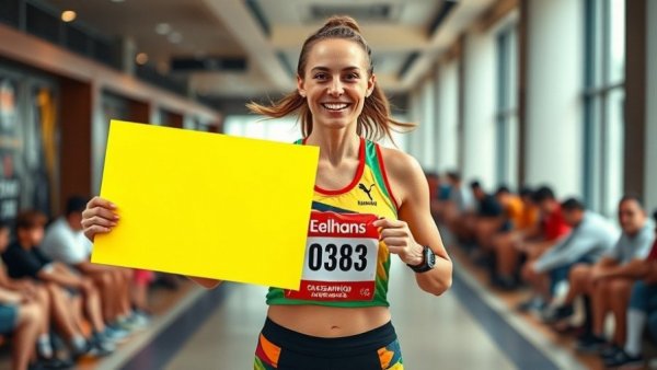 NYC Marathon runner with sign, travel tips in bright attire indoors.