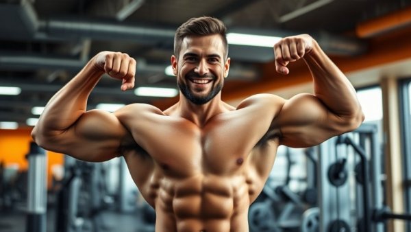 Muscular man flexing in gym, smiling, men's nutrition focus.