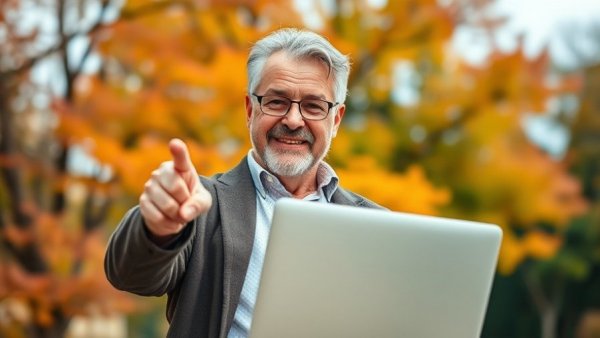Middle-aged man showcasing laptop outdoors promoting men's personal growth.