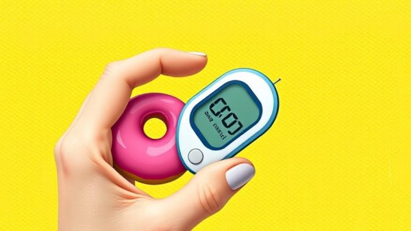 Illustrative hand with glucometer on yellow background, diet for type 2 diabetes concept.
