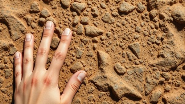 Close-up of Edmontosaurus mummy fossil skin with hand touching it.