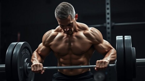 Muscular man performing deadlift in dark gym setting.