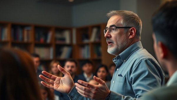 Confident male speaker discussing policy changes, indoor setting.