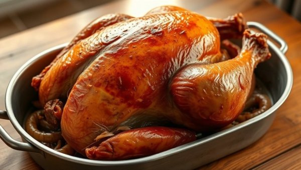 Perfectly smoked turkey in a pan on wooden table.