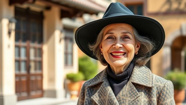 Smiling woman in coat and hat enjoying a sunny day.
