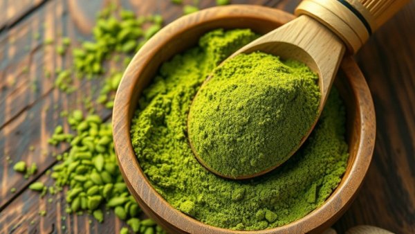 Vibrant green matcha powder, caffeinated coffee alternative.