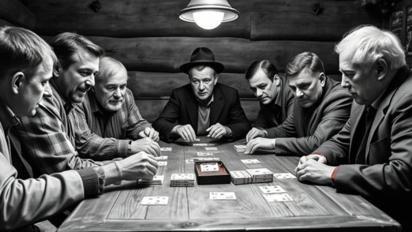 Black and white vintage scene of men playing card games.