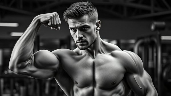 Muscular man flexing arm in gym demonstrating muscle building