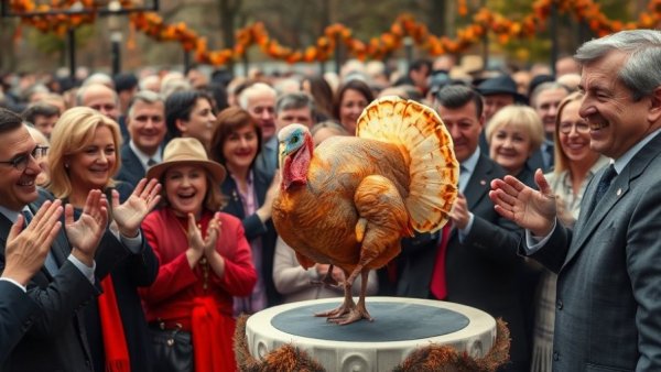 Presidential turkey pardon tradition with applauding crowd.