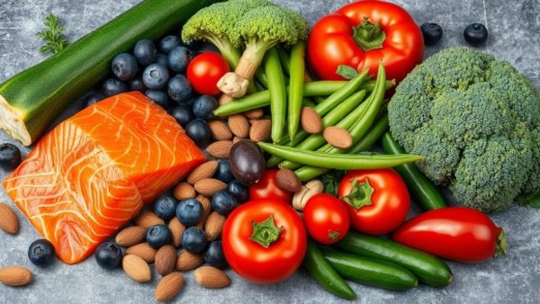 Vibrant array of fresh whole foods on a grey background, emphasizing natural ingredients.
