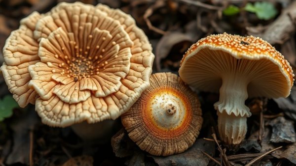 Medicinal mushrooms on forest floor, cancer treatments research.