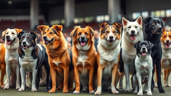 A lineup of diverse dogs at a show, showcasing dog's unique look origins.