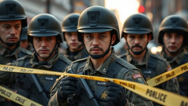 National Guard members organizing police tape, city setting.