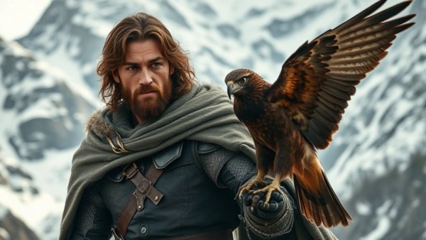 Medieval knight with hawk in snowy mountains, movies released in 1985.