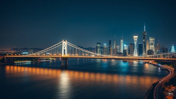 Nighttime cityscape with illuminated bridge over river mirroring city lights. PFAS contamination in drinking water