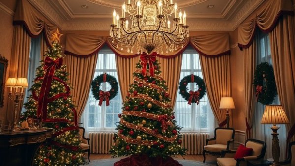 White House holiday tours: Festive room with Christmas decorations.