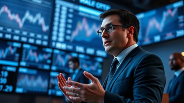 Business executive discussing investment amid tech displays at event.