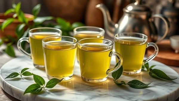 Elegant cups of green tea with fresh leaves, highlighting health benefits.