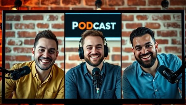 Video podcast featuring three smiling men with podcast branding.
