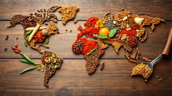 World map made of spices and herbs shows how geography affects weight management.