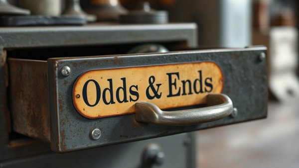 Close-up of vintage 'Odds & Ends' drawer, mens personal growth theme.