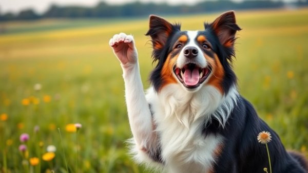 Playful dog's complex behavior displayed in a sunny meadow.