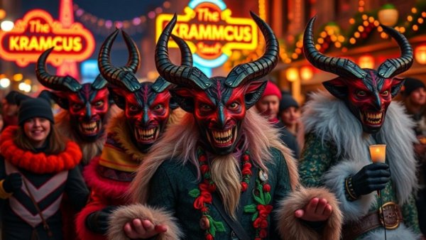 Krampus Christmas tradition parade with costumes, festive night scene.