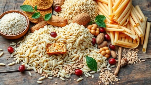 Assortment of gluten-free foods on wooden table, highlighting gluten-free diets risk for children.