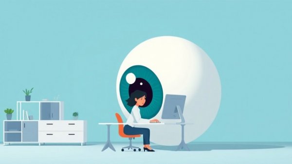 Cartoon of a browser extension symbolized by an eye watching a woman on a computer.