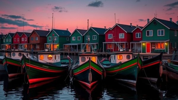 Rustic boats and colorful houses on Chiloé Island at sunset.