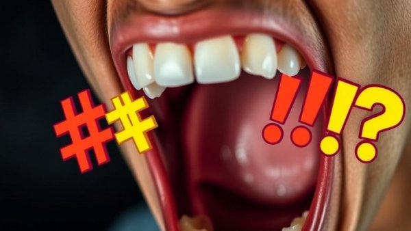 Colorful symbols of swearing in front of a shouting mouth.