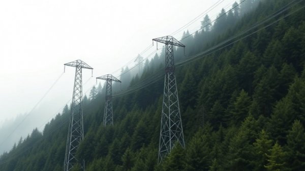 Power lines and pylons in a forest landscape, Washington coal plant operational.
