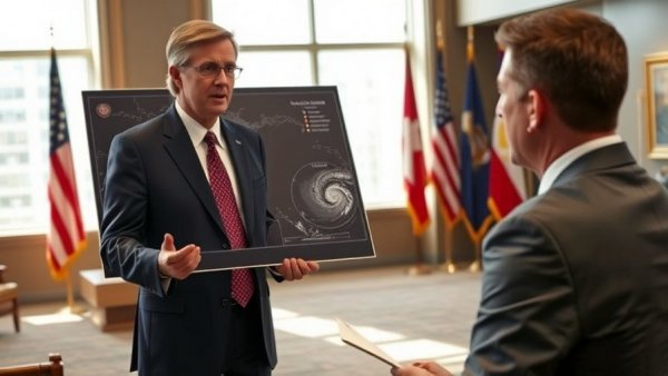 Trump discussing Hurricane Dorian forecast map at a briefing.
