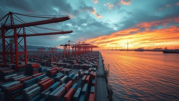 European port at sunset showcasing impacts of carbon tax on imports.