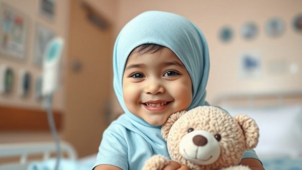 Child in hospital with teddy bear, representing care and comfort.