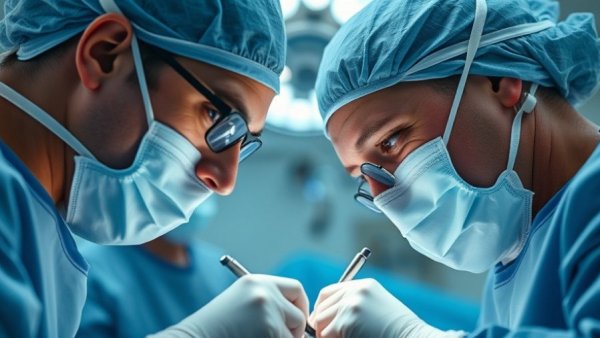 Surgeons performing bariatric surgery in a sterile operating room, focused.