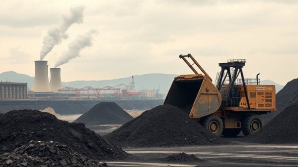 Coal mining bucket in action near coal plant under emergency order.