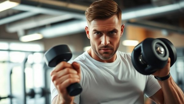 Man performing shoulder workout with dumbbells in gym, intense focus.